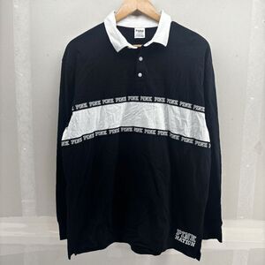 Victorias Secret Pink Nation Long Sleeved Rugby Polo Shirt Womens L Black White
